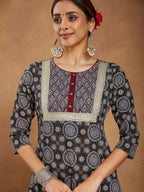 Janasya Dark Cotton Ajrakh Straight Kurta Set