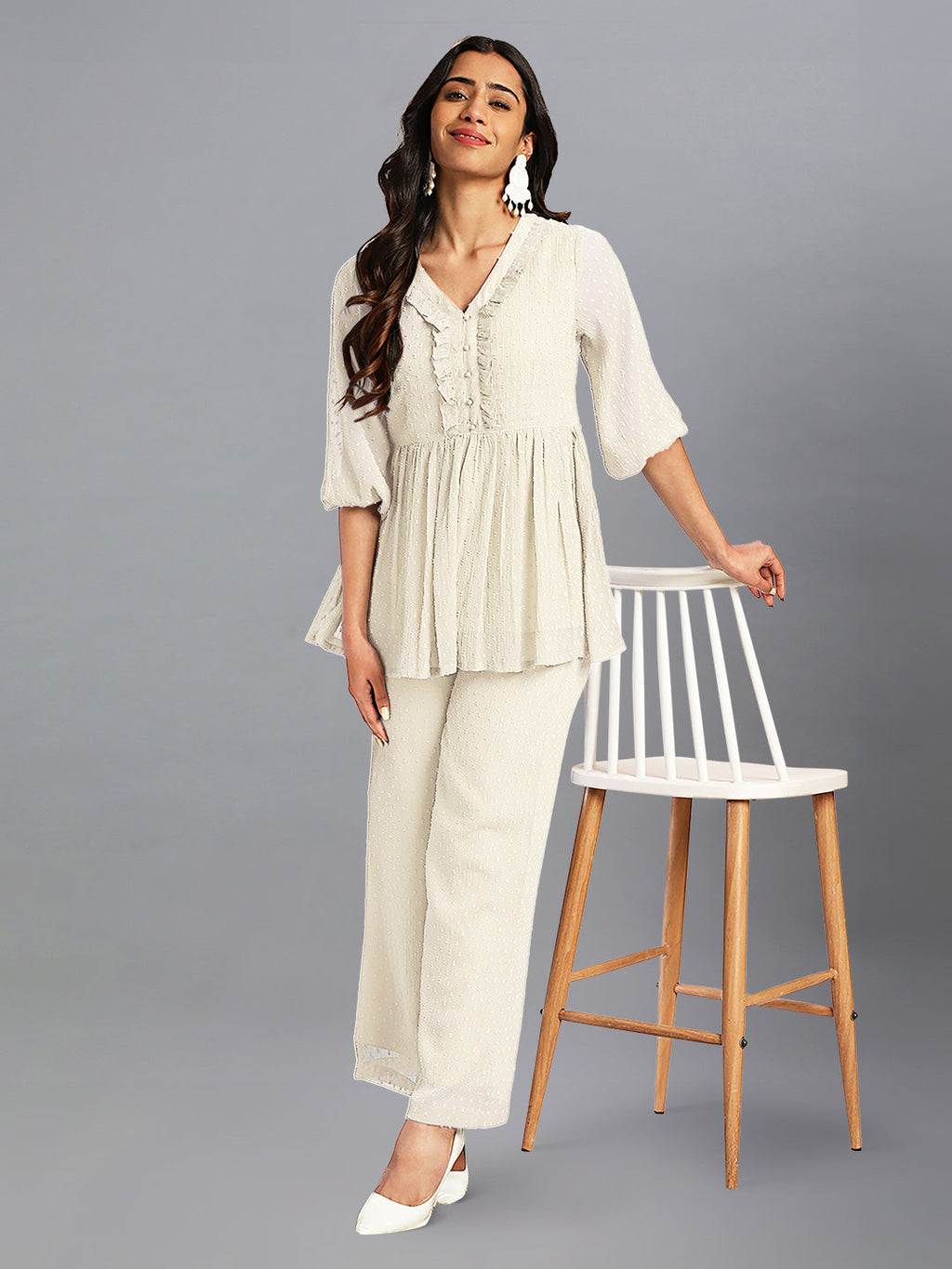 Janasya Light Dobby Chiffon Self Design Peplum Top & Bottom Set