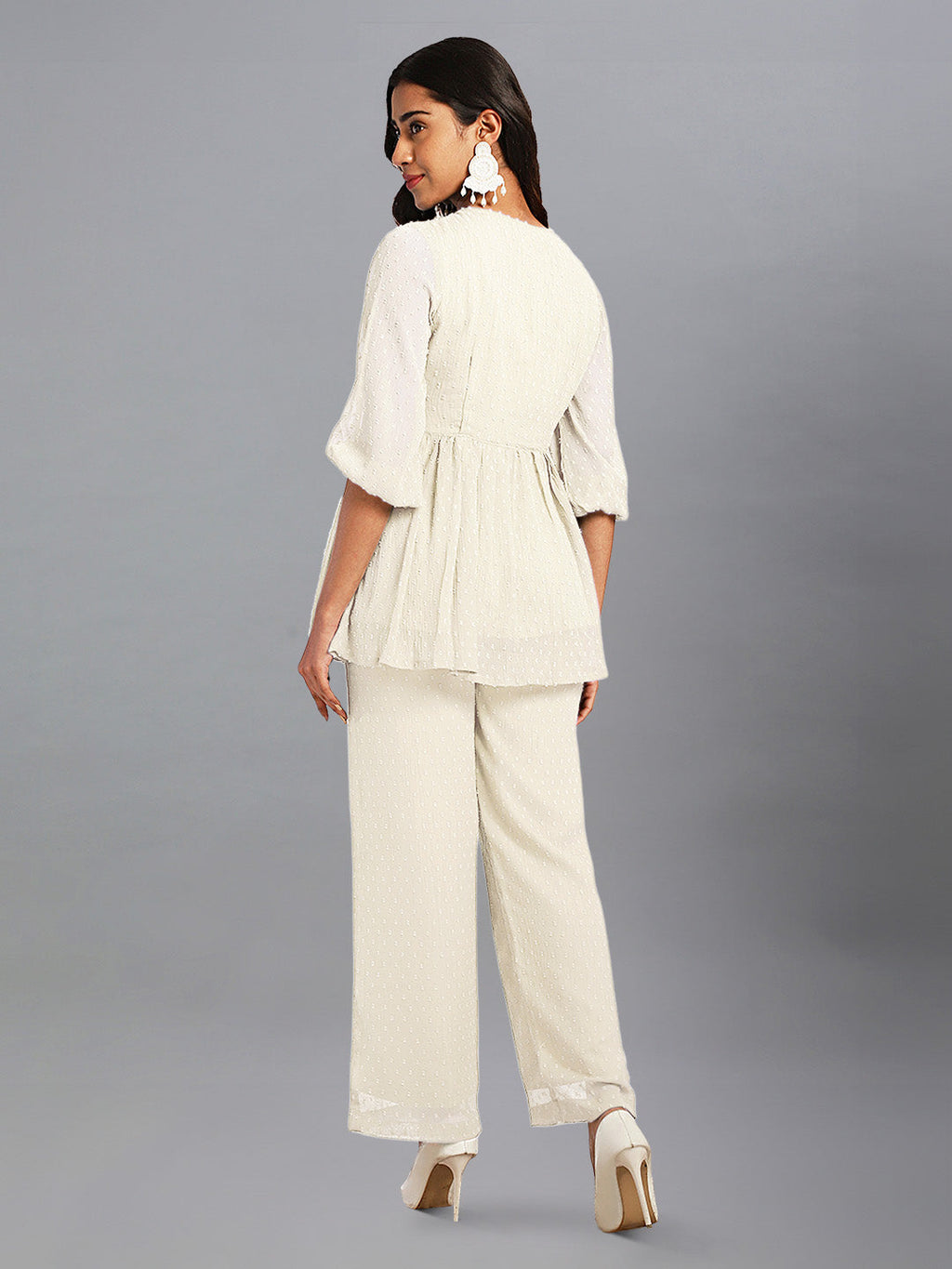 Janasya Light Dobby Chiffon Self Design Peplum Top & Bottom Set