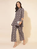 Janasya Dark Cotton Ethnic Motifs A-Line Top & Bottom Set - Distacart