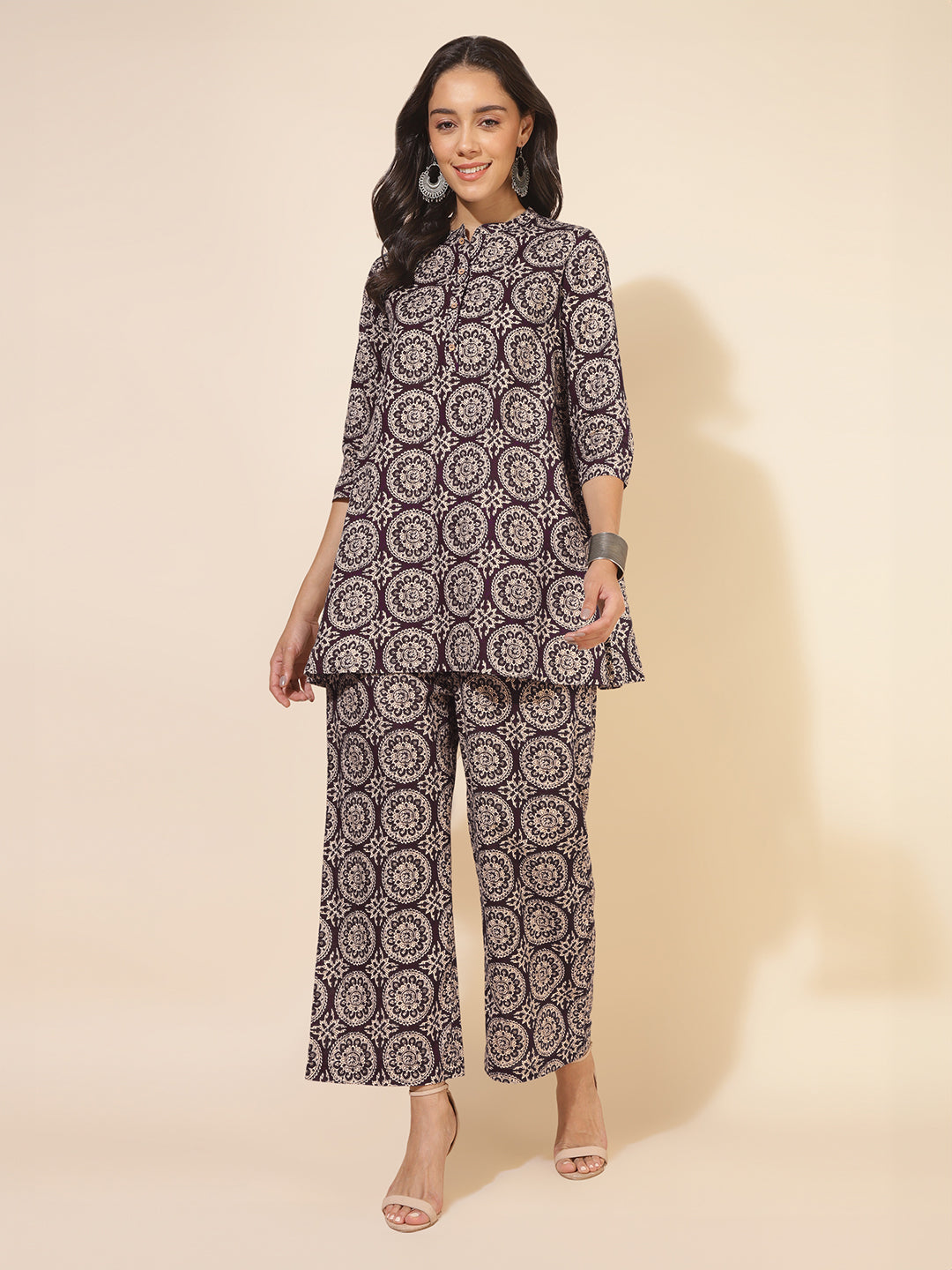 Janasya Dark Cotton Ethnic Motifs A-Line Top & Bottom Set - Distacart