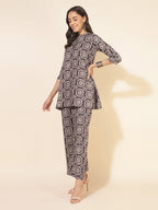 Janasya Dark Cotton Ethnic Motifs A-Line Top & Bottom Set - Distacart