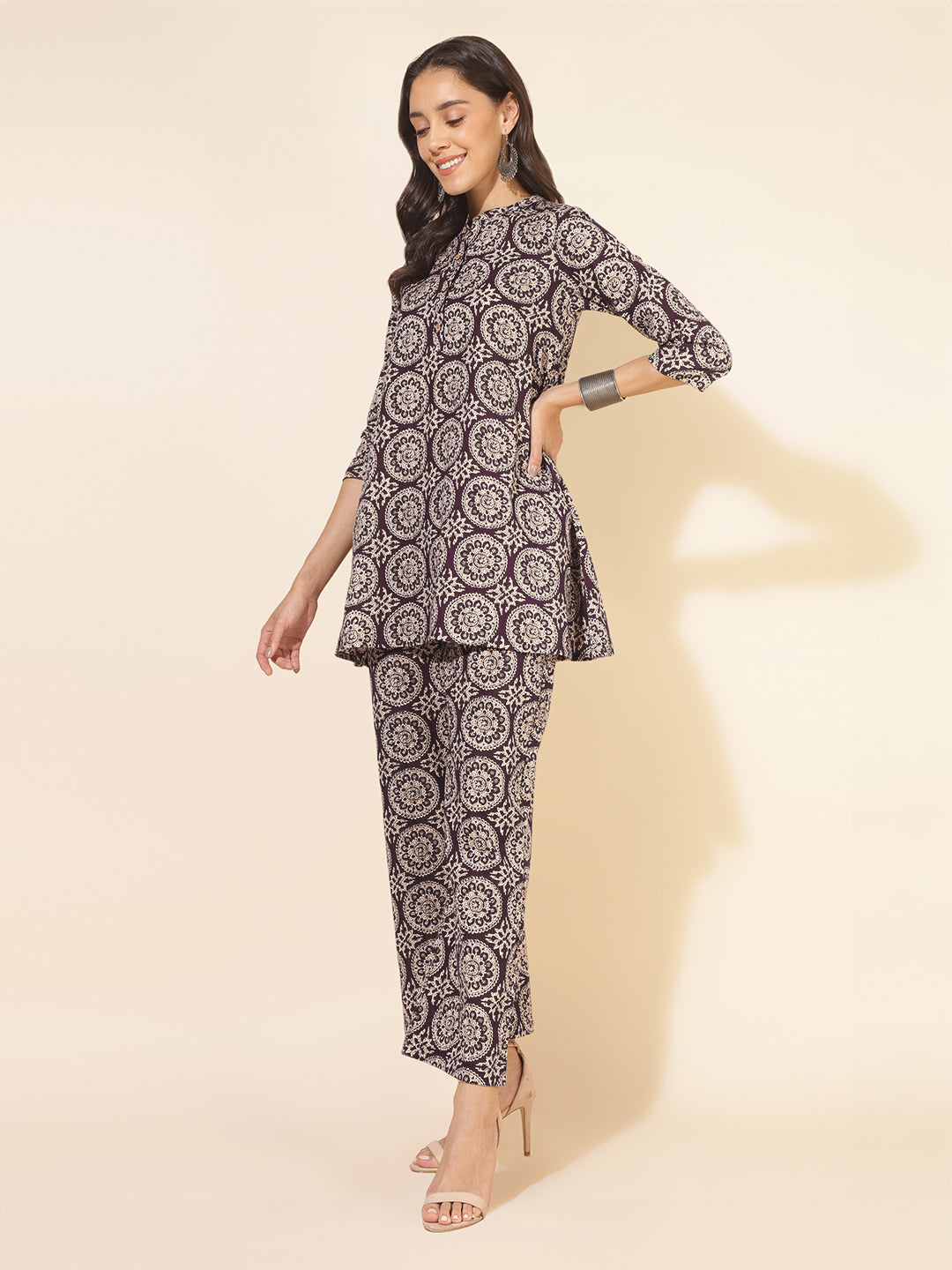 Janasya Dark Cotton Ethnic Motifs A-Line Top & Bottom Set - Distacart