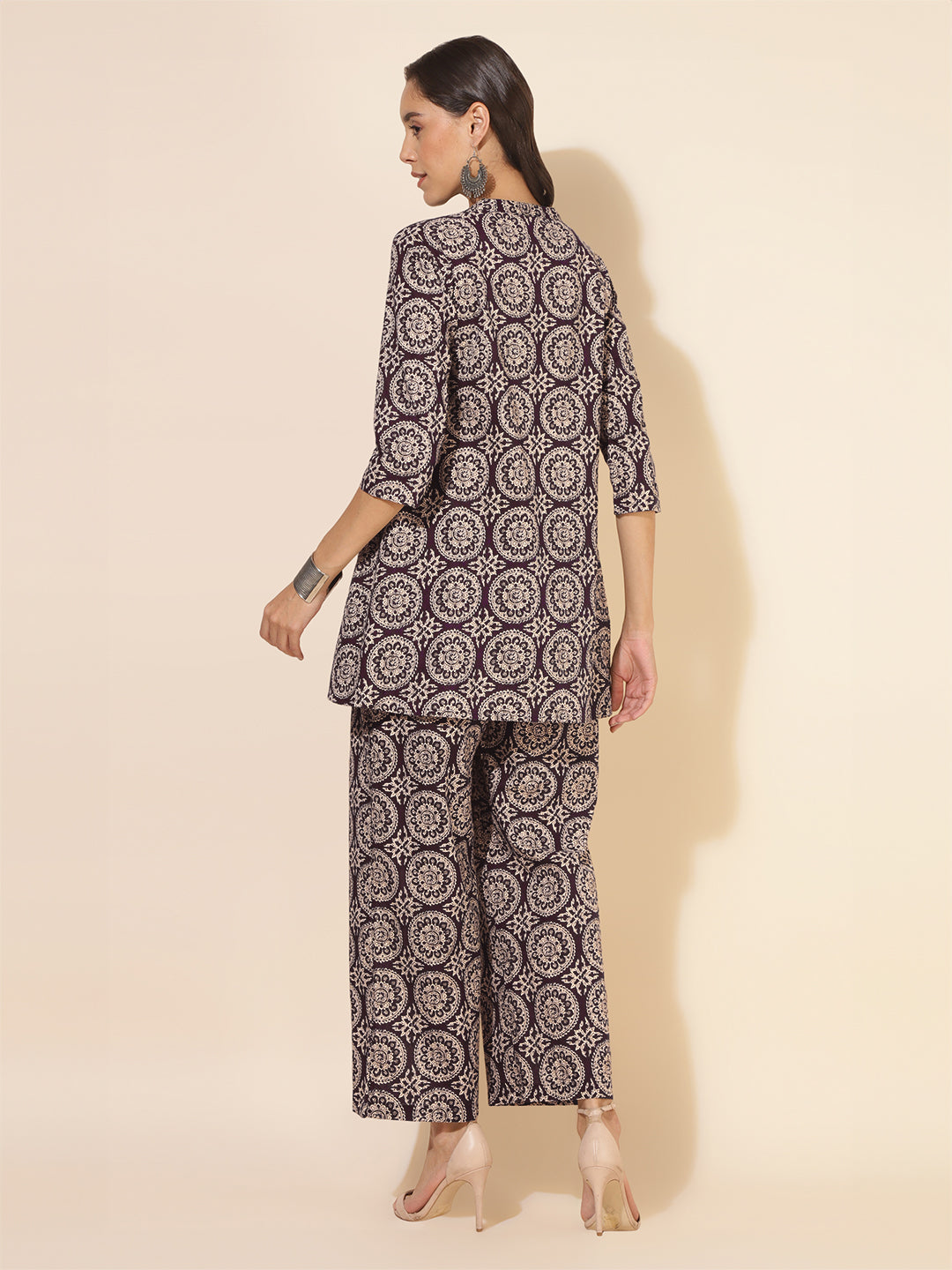 Janasya Dark Cotton Ethnic Motifs A-Line Top & Bottom Set - Distacart