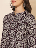 Janasya Dark Cotton Ethnic Motifs A-Line Top & Bottom Set - Distacart