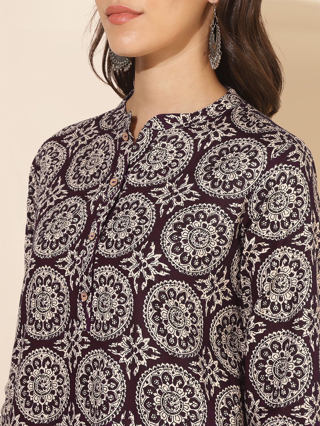Janasya Dark Cotton Ethnic Motifs A-Line Top & Bottom Set - Distacart