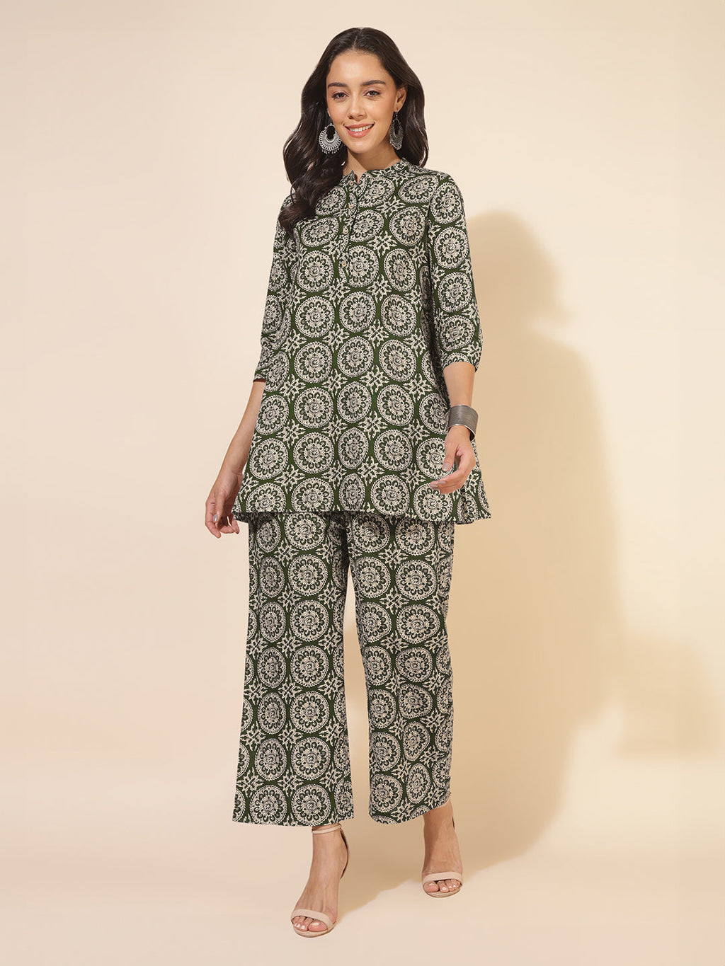 Janasya Dark Cotton Ethnic Motifs A-Line Top & Bottom Set - Distacart