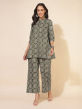 Janasya Dark Cotton Ethnic Motifs A-Line Top & Bottom Set - Distacart