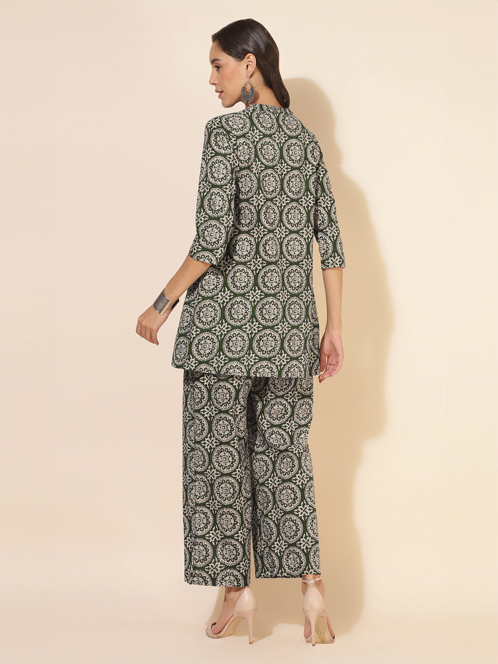 Janasya Dark Cotton Ethnic Motifs A-Line Top & Bottom Set - Distacart
