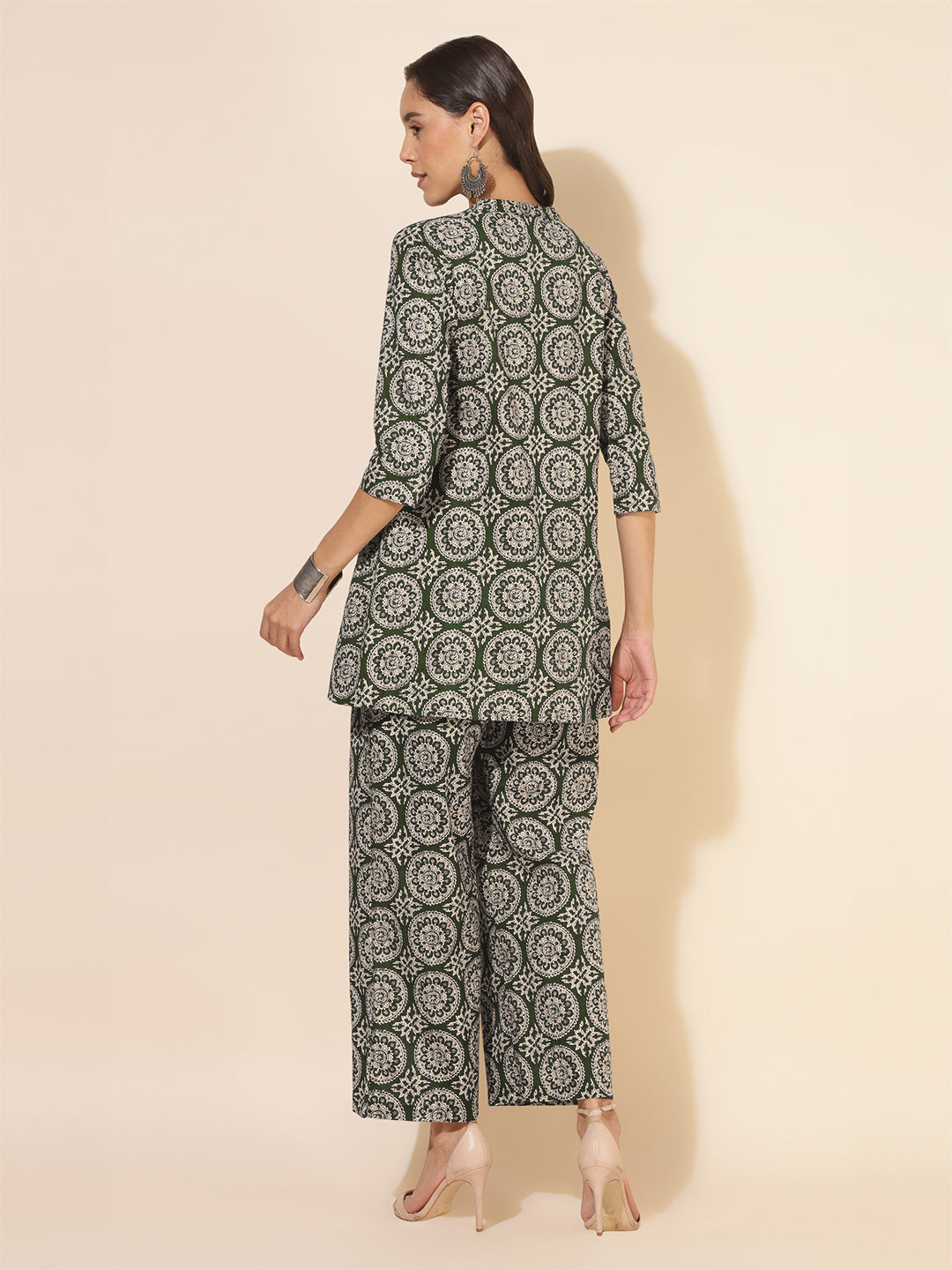 Janasya Dark Cotton Ethnic Motifs A-Line Top & Bottom Set - Distacart