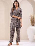 Janasya Dark Cotton Floral Straight Top & Bottom Set - Distacart
