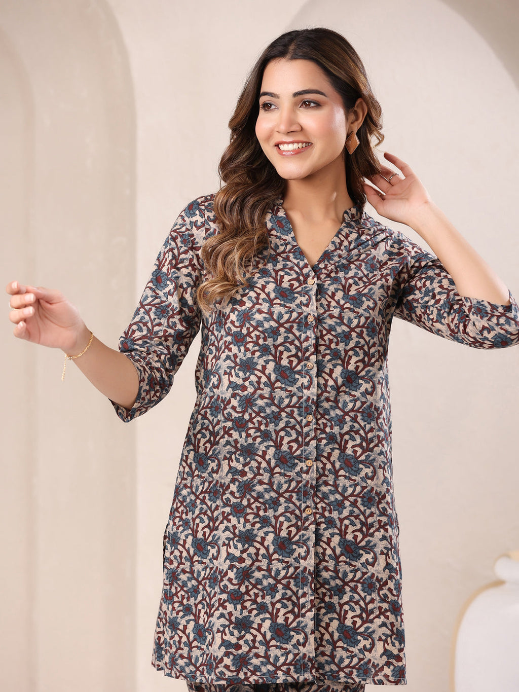 Janasya Dark Cotton Floral Straight Top & Bottom Set - Distacart