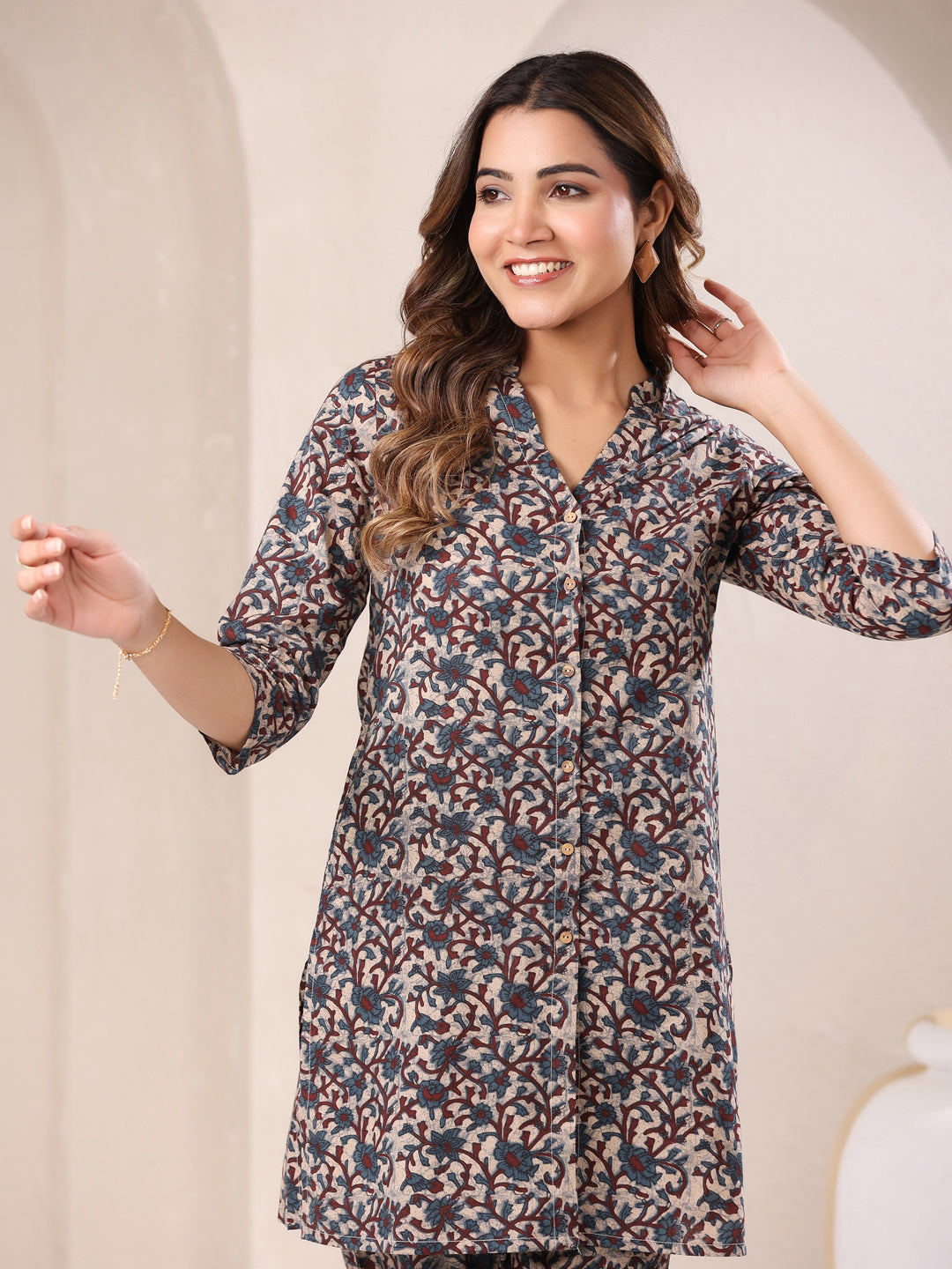 Janasya Dark Cotton Floral Straight Top & Bottom Set - Distacart