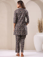Janasya Dark Cotton Floral Straight Top & Bottom Set - Distacart