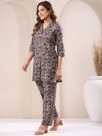 Janasya Dark Cotton Floral Straight Top & Bottom Set - Distacart
