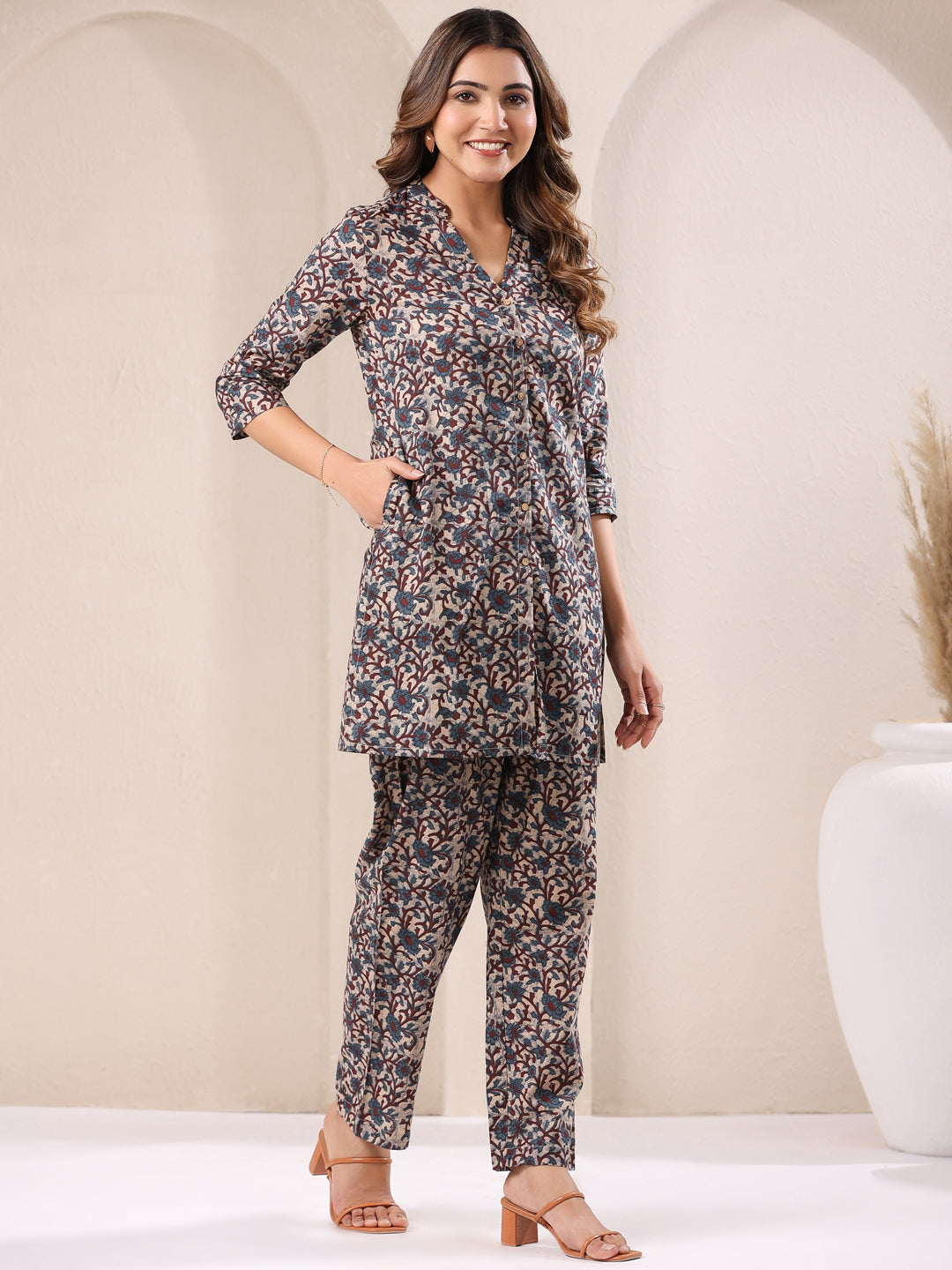 Janasya Dark Cotton Floral Straight Top & Bottom Set - Distacart