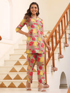 Janasya Dark Cotton Floral Straight Top & Bottom Set