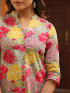 Janasya Dark Cotton Floral Straight Top & Bottom Set