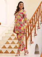 Janasya Dark Cotton Floral Straight Top & Bottom Set