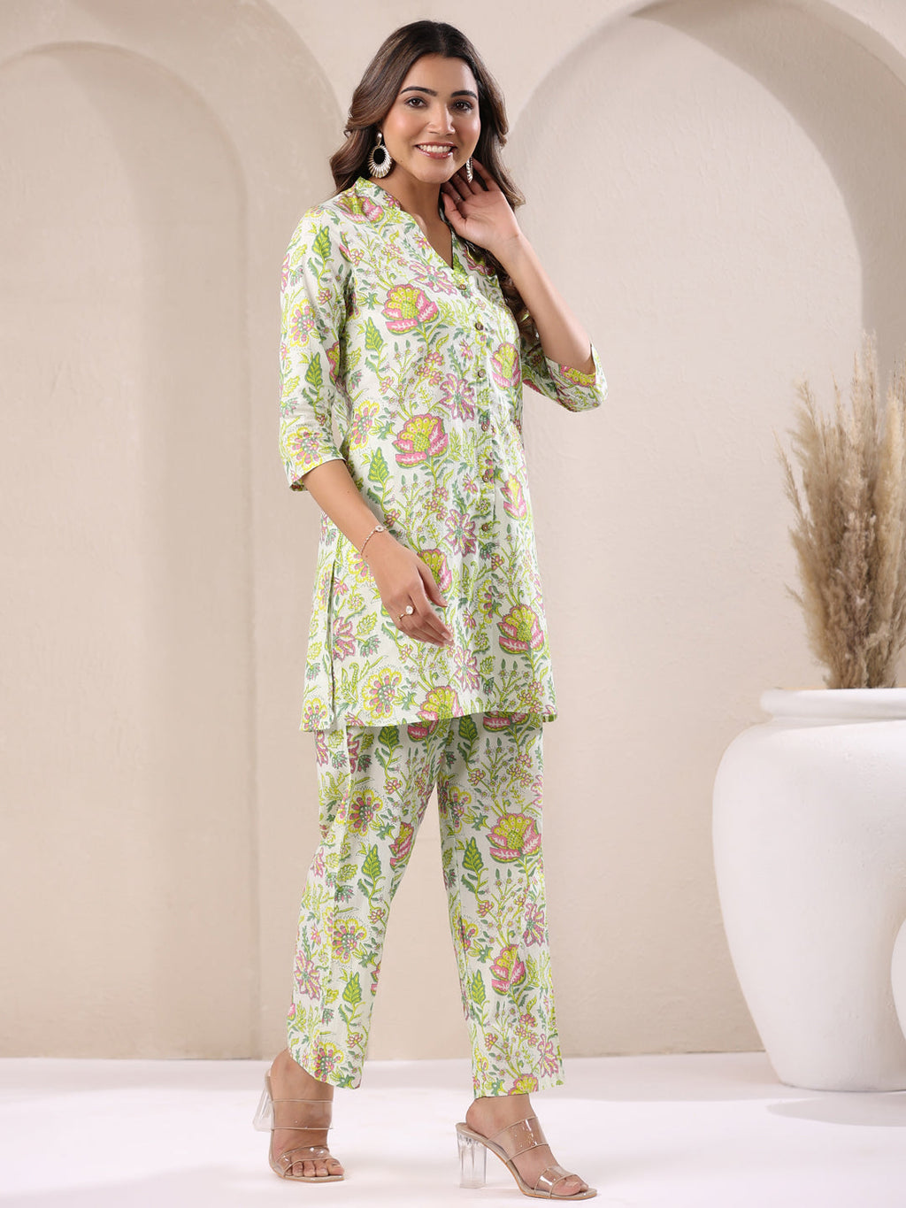 Janasya Light Cotton Floral Straight Top & Bottom Set