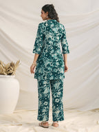 Janasya Dark Cotton Floral Straight Top & Bottom Set