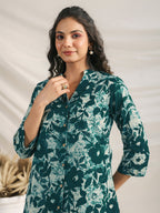 Janasya Dark Cotton Floral Straight Top & Bottom Set