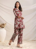 Janasya Dark Cotton Floral Straight Top & Bottom Set