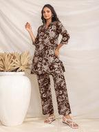 Janasya Dark Cotton Floral Straight Top & Bottom Set