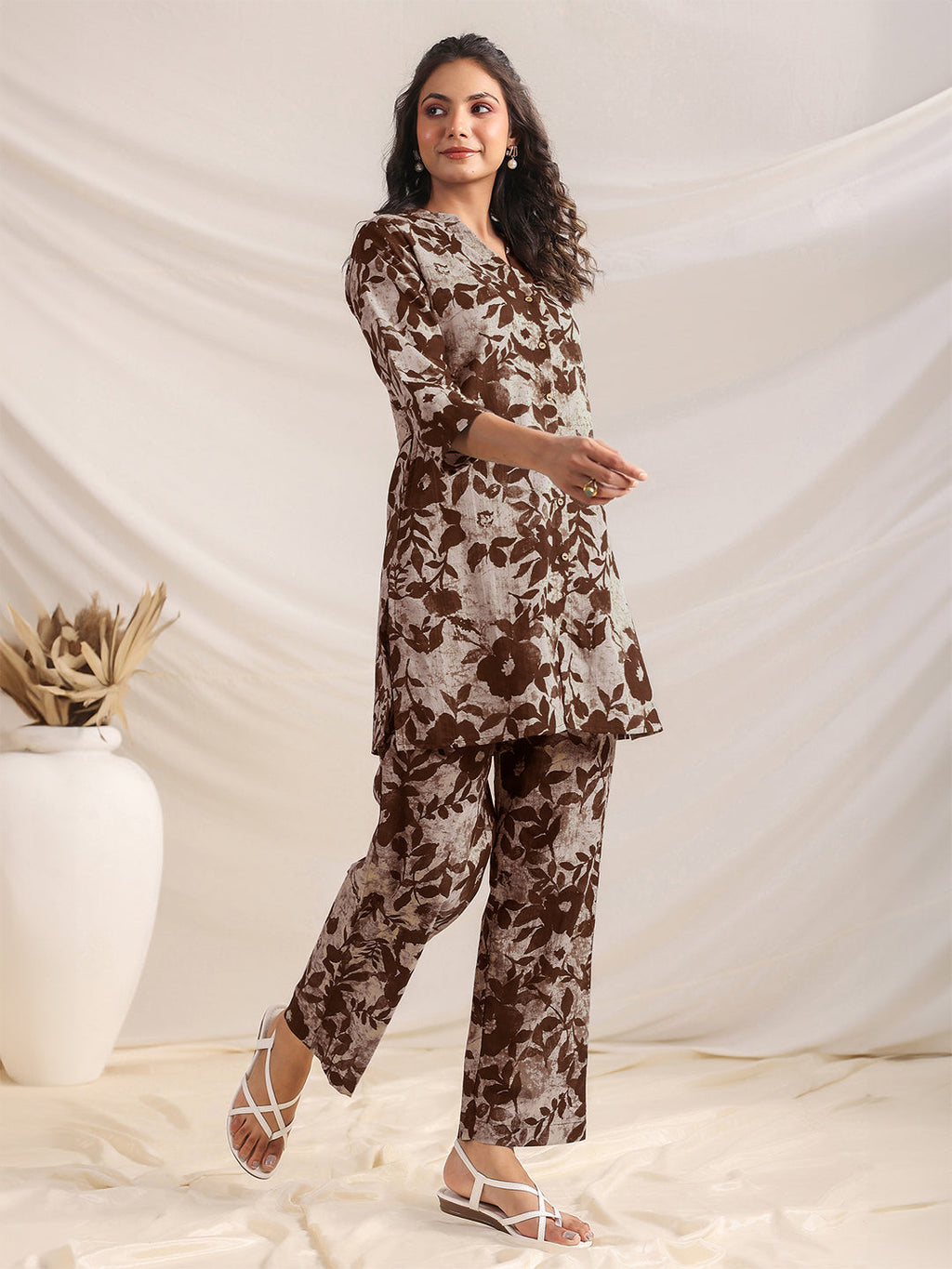 Janasya Dark Cotton Floral Straight Top & Bottom Set