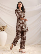Janasya Dark Cotton Floral Straight Top & Bottom Set