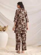 Janasya Dark Cotton Floral Straight Top & Bottom Set