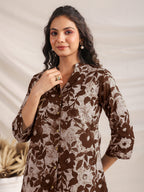 Janasya Dark Cotton Floral Straight Top & Bottom Set
