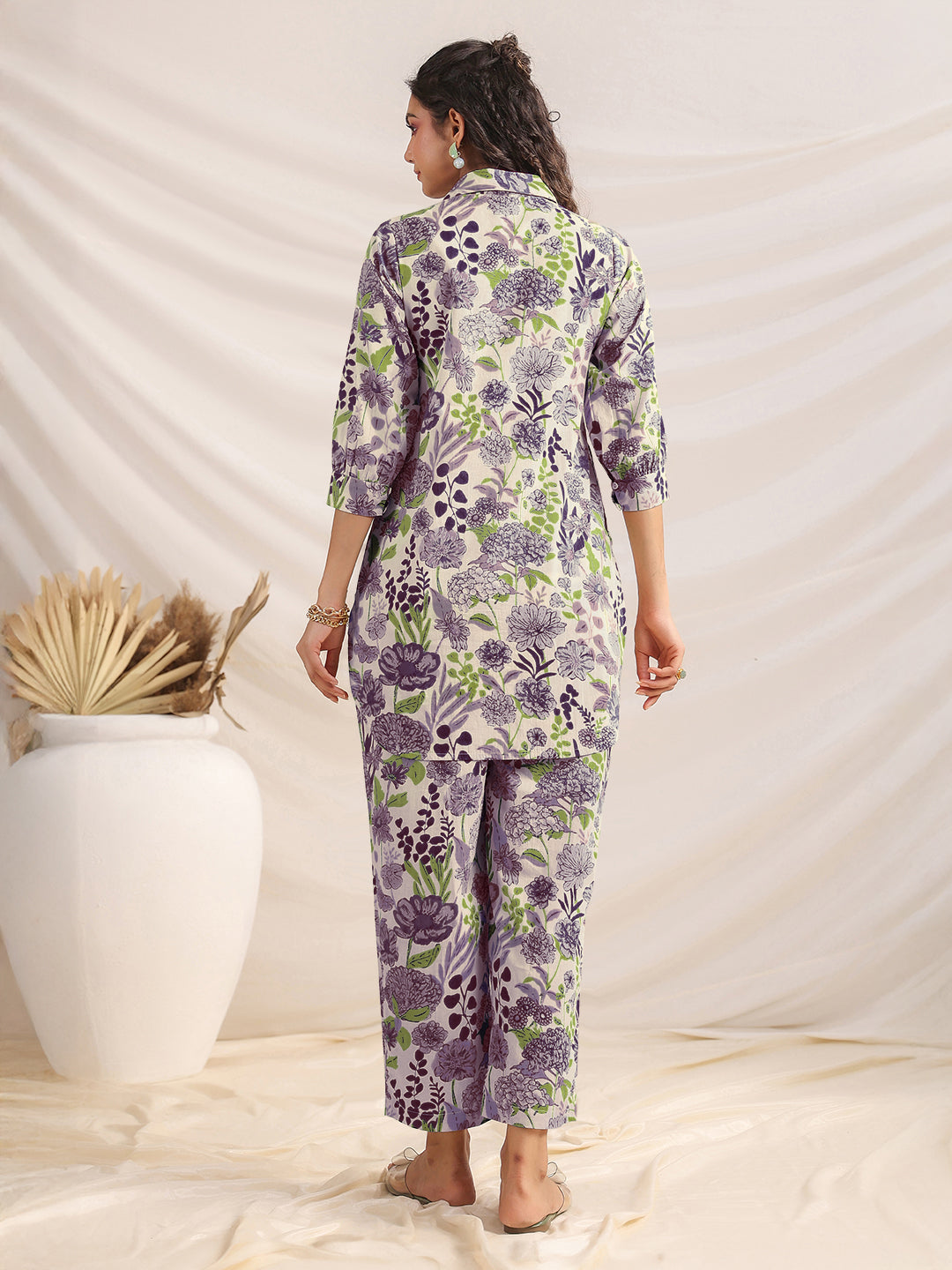 Janasya Light Cotton Floral Shirt Top & Bottom Set