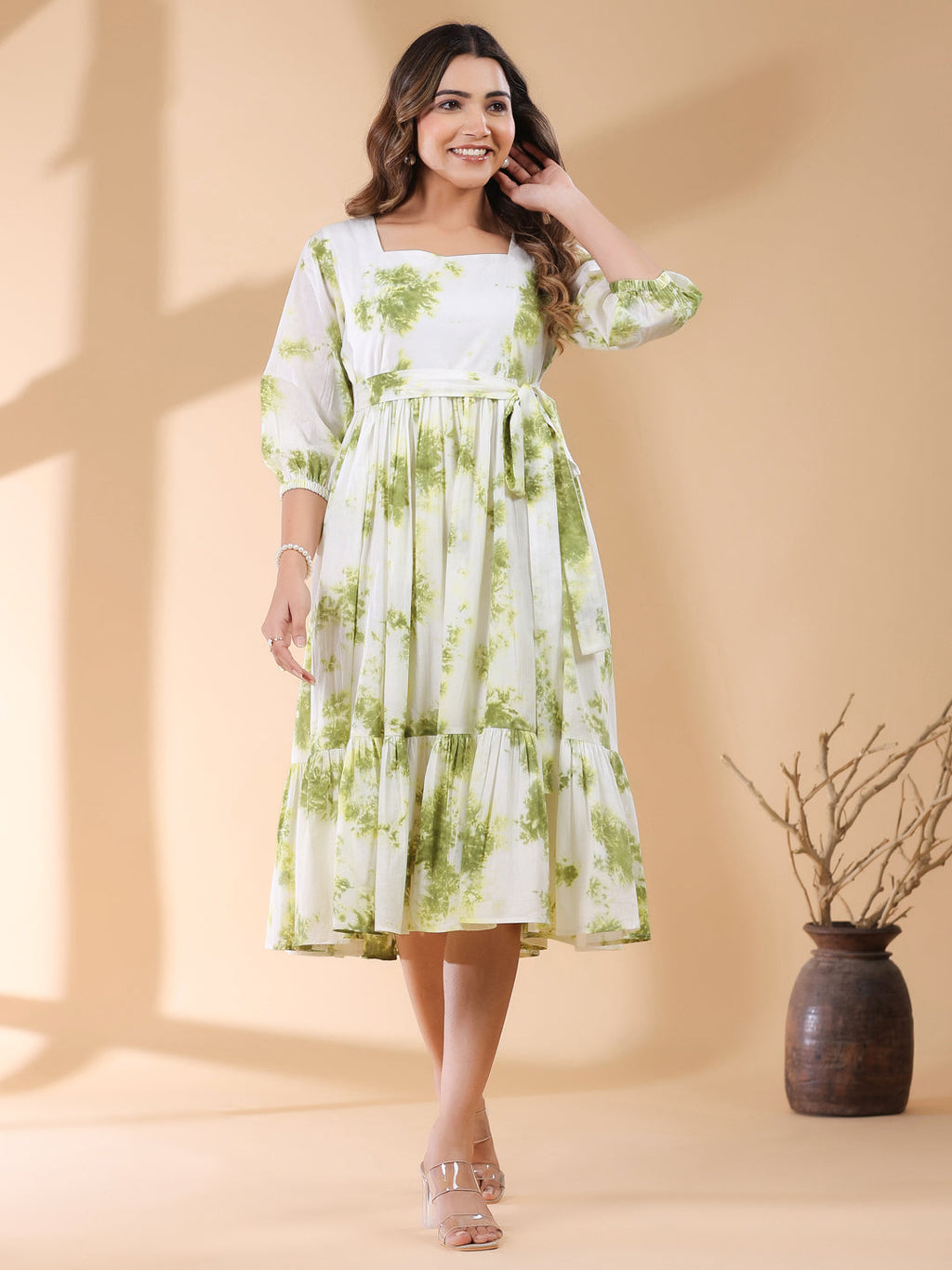 Janasya Bright Cotton Tie & dye Tiered Dress - Distacart