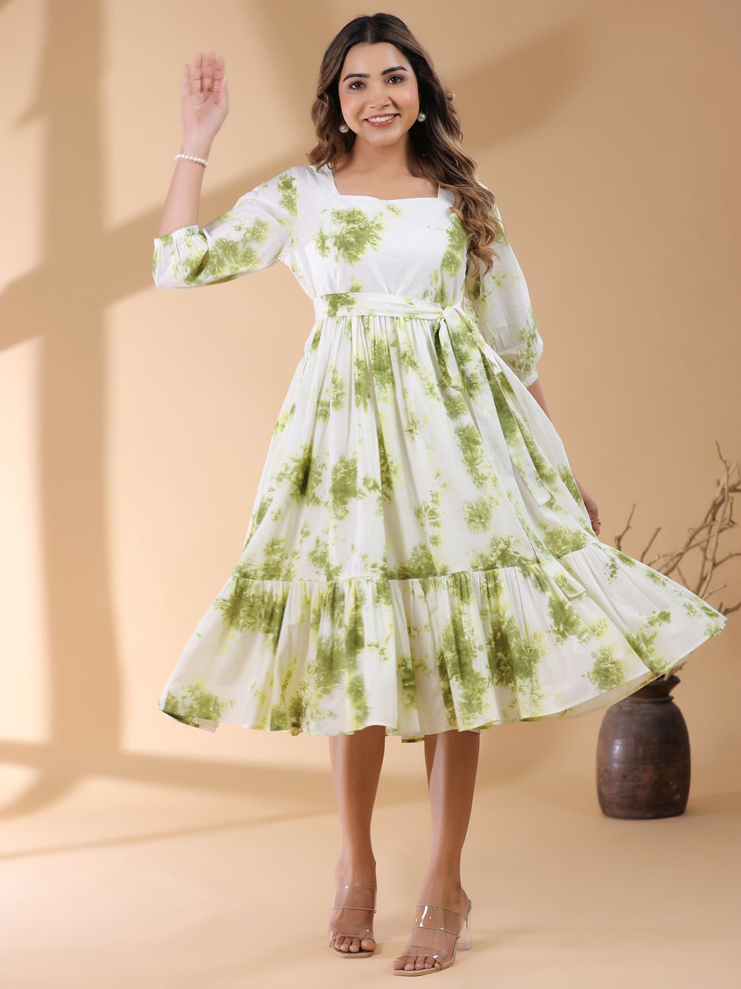 Janasya Bright Cotton Tie & dye Tiered Dress - Distacart