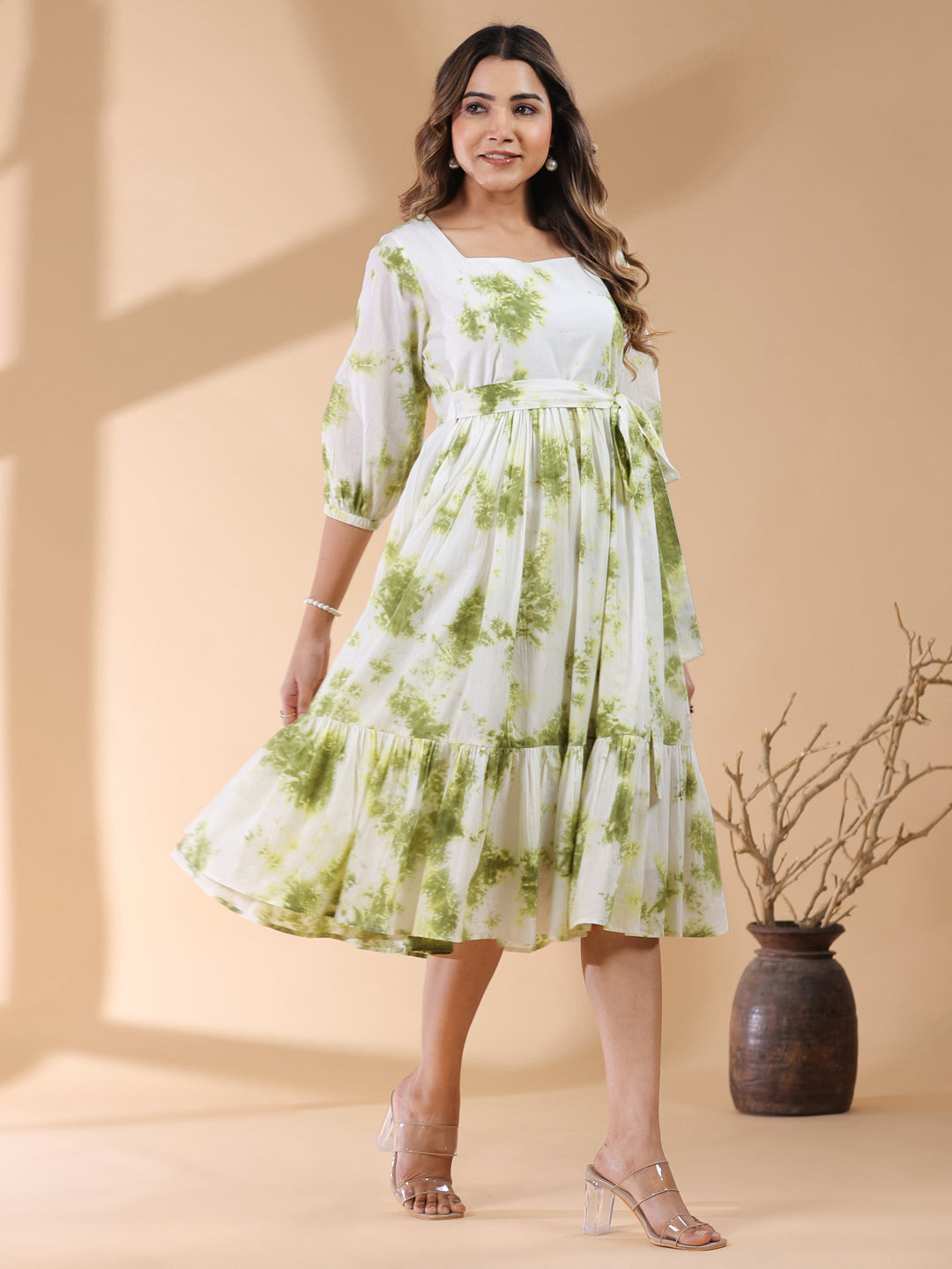 Janasya Bright Cotton Tie & dye Tiered Dress - Distacart