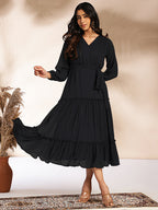 Janasya Dark Dobby Chiffon Woven Design Tiered Dress - Distacart