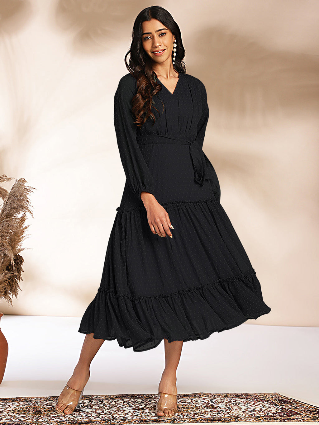 Janasya Dark Dobby Chiffon Woven Design Tiered Dress - Distacart