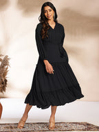 Janasya Dark Dobby Chiffon Woven Design Tiered Dress - Distacart