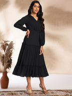 Janasya Dark Dobby Chiffon Woven Design Tiered Dress - Distacart