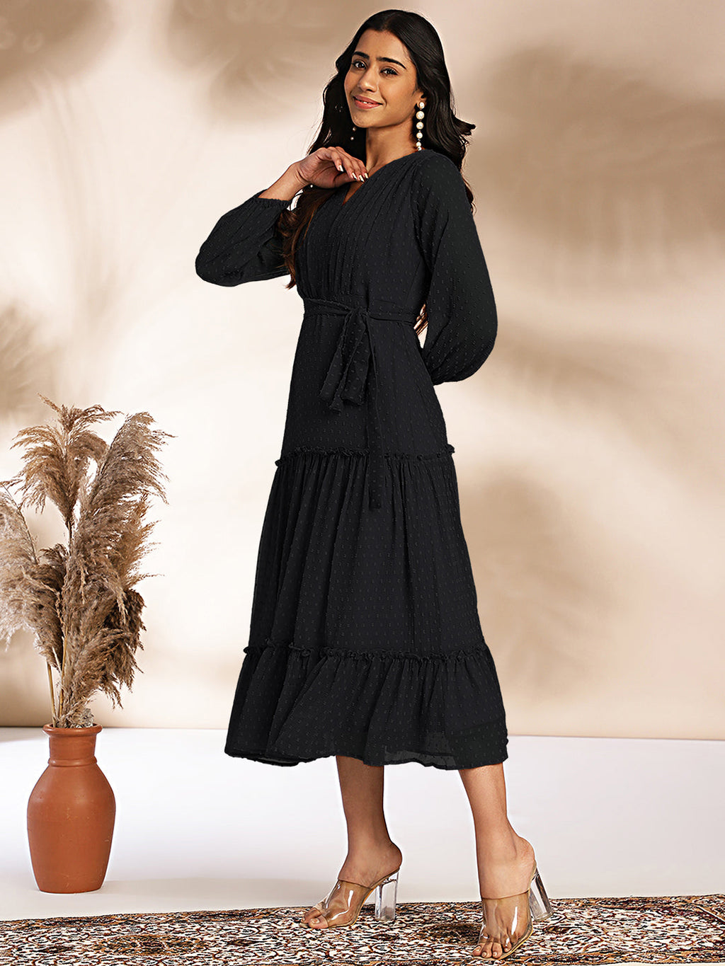 Janasya Dark Dobby Chiffon Woven Design Tiered Dress - Distacart