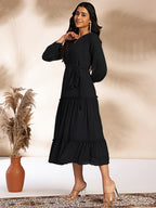 Janasya Dark Dobby Chiffon Woven Design Tiered Dress - Distacart