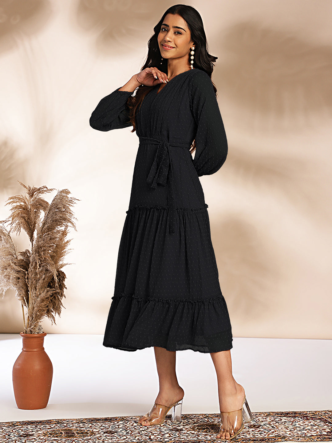 Janasya Dark Dobby Chiffon Woven Design Tiered Dress - Distacart
