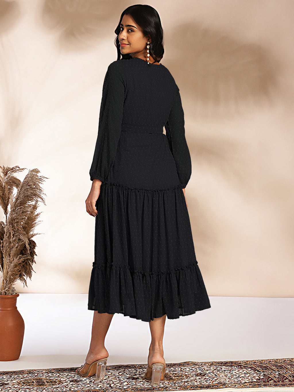 Janasya Dark Dobby Chiffon Woven Design Tiered Dress - Distacart