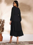 Janasya Dark Dobby Chiffon Woven Design Tiered Dress - Distacart