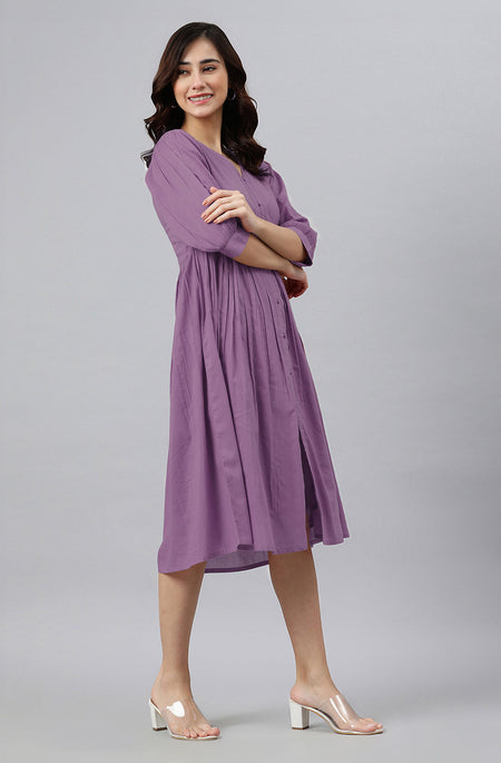 Janasya Bright Cotton Solid Gathered Dress