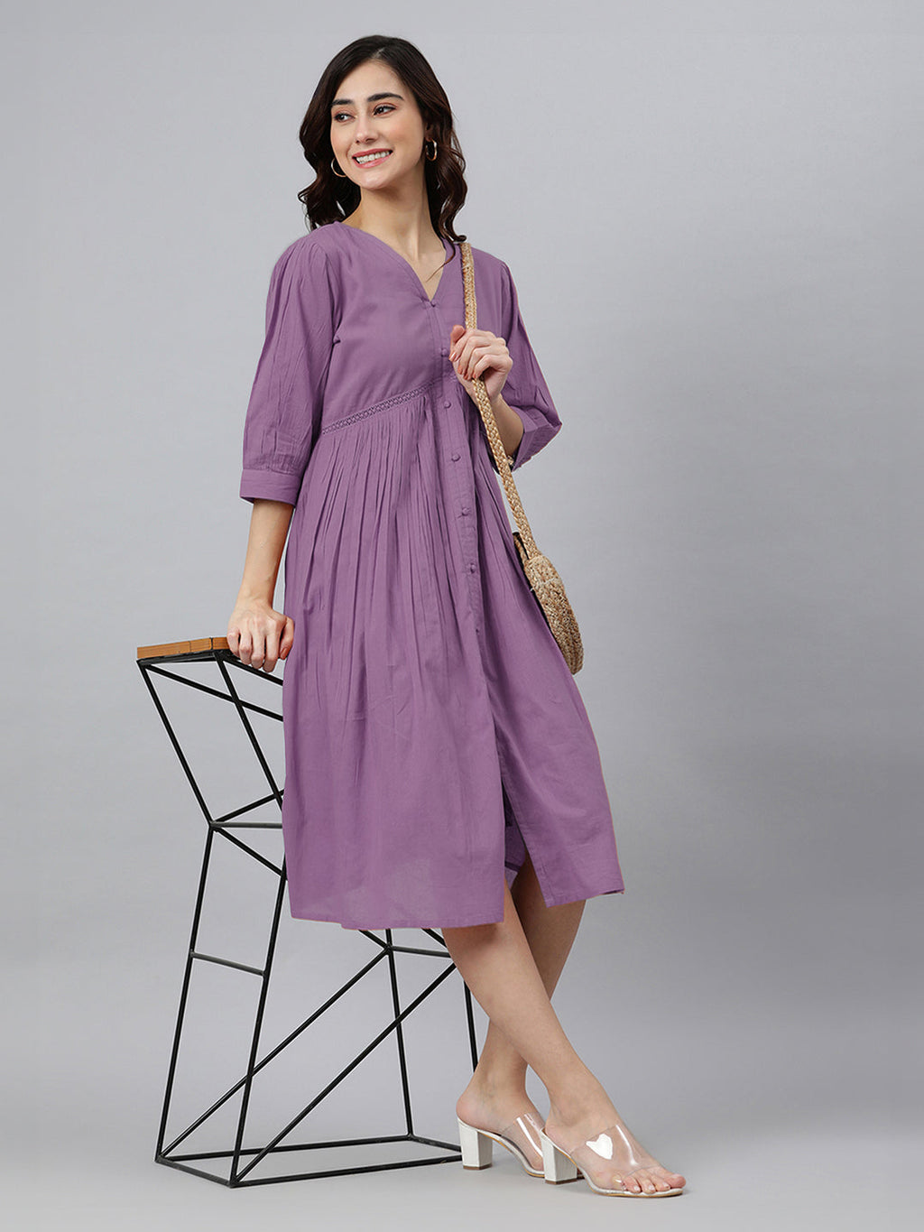 Janasya Bright Cotton Solid Gathered Dress - Distacart