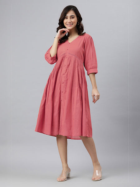 Janasya Bright Cotton Solid Gathered Dress