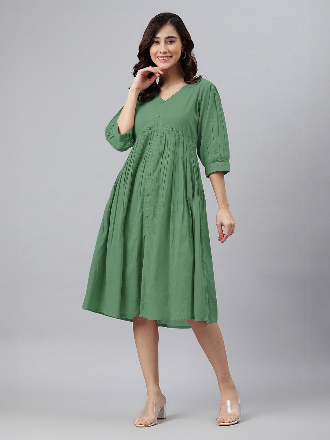 Janasya Bright Cotton Solid Gathered Dress - Distacart
