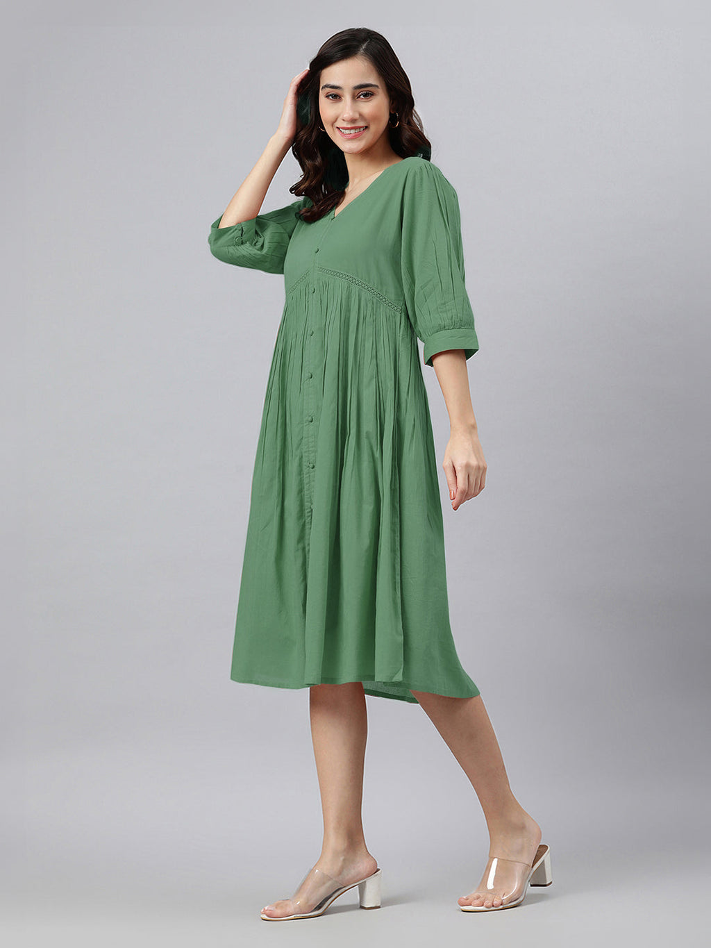 Janasya Bright Cotton Solid Gathered Dress - Distacart